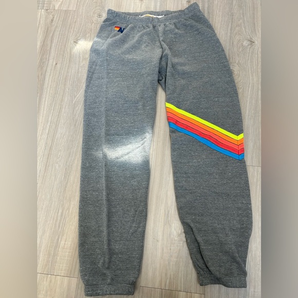 Aviator Nation Pants - Aviator Nation Large gray sweatpants with neon diagonal stripes